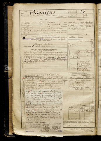 Damiens, Lucien Louis, né le 31 janvier 1889 à Amiens (Somme), classe 1909, matricule n° 16, Bureau de recrutement d'Abbeville