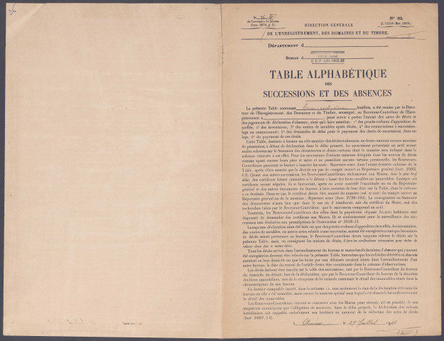 Table des successions et absences du bureau de Poix-de-Picardie