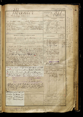 Manier, Charles Georges Ludovic, né le 30 avril 1899 à Sailly-Flibeaucourt (Somme), classe 1919, matricule n° 371, Bureau de recrutement d'Abbeville