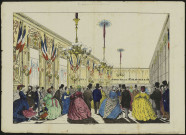 Illustration montrant des personnes dans une grande salle. Tête d'affiches pour les bals de la salle Longueville d'Amiens