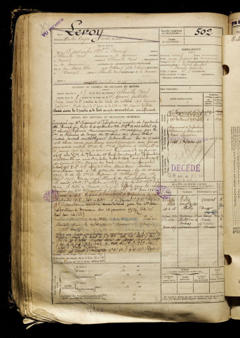 Leroy, André Roger Bertin, né le 13 septembre 1894 à Caours (Somme), classe 1914, matricule n° 502, Bureau de recrutement d'Abbeville