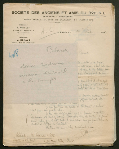 Témoignage de Benech, Marius (Lieutenant) et correspondance avec Jacques Péricard