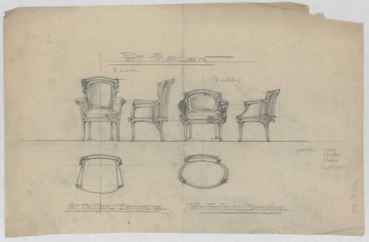 Grand fauteuil bergère et petit fauteuil marquise, de face, de profil et de haut, du Petit Salon de l'Hôtel Bouctot-Vagniez