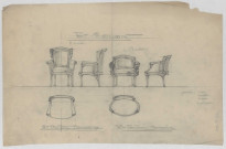 Grand fauteuil bergère et petit fauteuil marquise, de face, de profil et de haut, du Petit Salon de l'Hôtel Bouctot-Vagniez