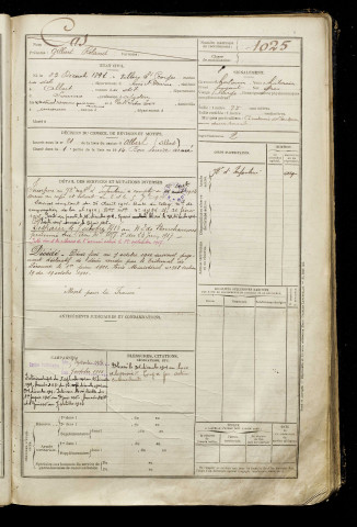 Cas, Gilbert Roland, né le 23 décembre 1894 à Villiers-Saint-Georges (Seine-et-Marne), classe 1914, matricule n° 1025, Bureau de recrutement de Péronne