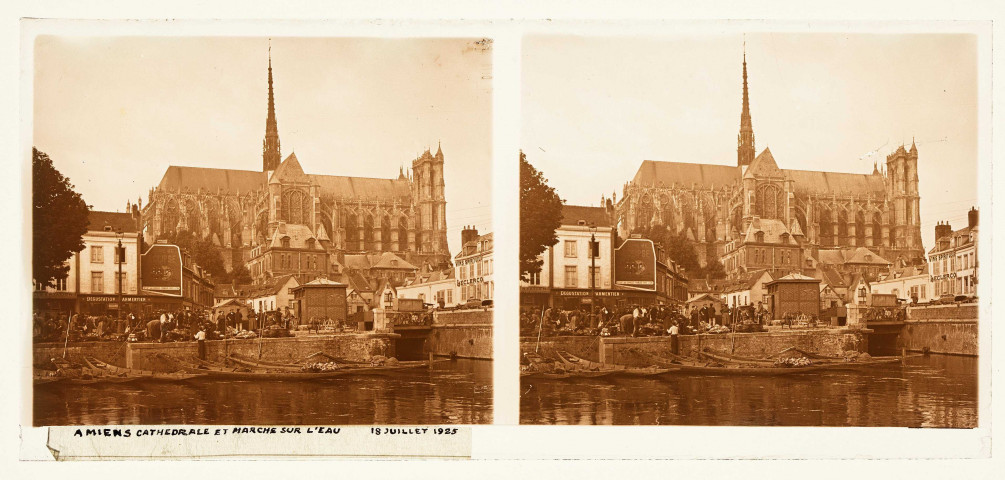 Amiens (Somme). Le marché sur l'eau et la cathédrale
