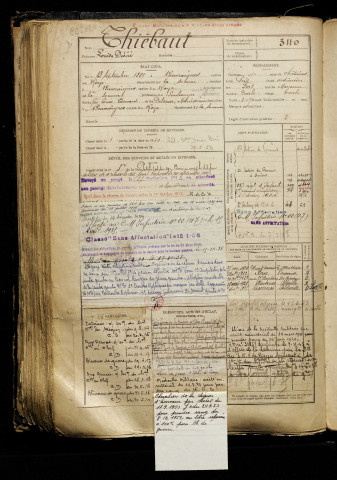 Thiébaut, Louis Désiré, né le 13 septembre 1889 à Beuvraignes (Somme), classe 1909, matricule n° 340, Bureau de recrutement de Péronne