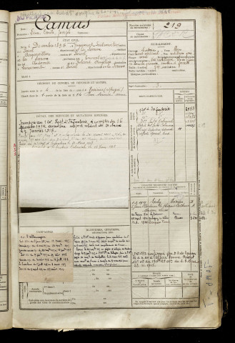 Camus, Léon Emile Joseph, né le 06 décembre 1895 à Guyencourt-Saulcourt (Somme), classe 1915, matricule n° 219, Bureau de recrutement de Péronne