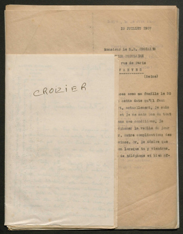 Témoignage de Croizier (Abbé) et correspondance avec Jacques Péricard