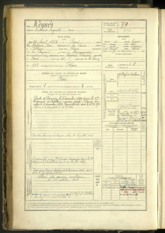 Reynès, Armand Auguste, né le 29 avril 1862 à Paris (capitale, France), classe 1882, matricule n° 79, Bureau de recrutement de Péronne