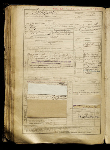 Delaporte, Louis Alfred Oscar, né le 25 août 1884 à Puisieux (Pas-de-Calais), classe 1904, matricule n° 756, Bureau de recrutement de Péronne