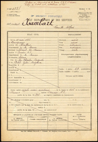 Isambart, Camille Alfred, né le 15 mai 1886 à Beauquesne (Somme), classe 1906, matricule n° 906, Bureau de recrutement d'Amiens