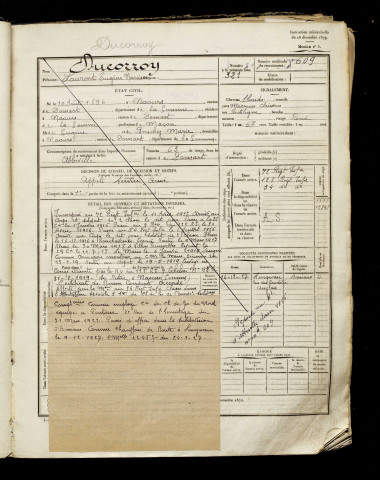 Ducorroy, Laurent Eugène Narcisse, né le 10 août 1896 à Naours (Somme), classe 1916, matricule n° 609, Bureau de recrutement d'Amiens