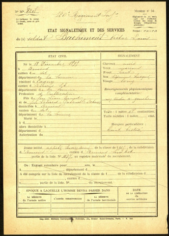 Bachimont, Victor Louis, né le 13 décembre 1895 à Amiens (Somme), classe 1915, matricule n° 1137, Bureau de recrutement d'Amiens