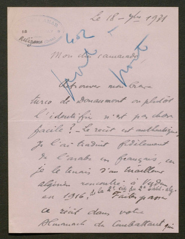 Témoignage de Amar, René Elie (Brancardier) et correspondance avec Jacques Péricard