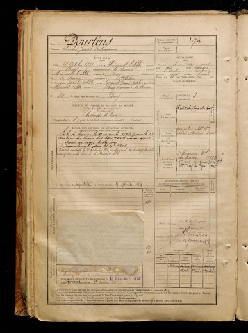 Dourlens, Charles Joseph Ferdinand, né le 27 octobre 1872 à Méricourt-l'Abbé (Somme), classe 1892, matricule n° 474, Bureau de recrutement de Péronne
