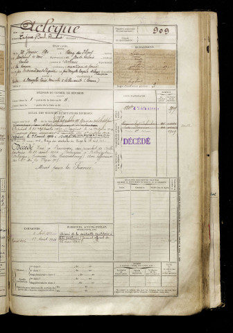 Acloque, Eugène Paul Edmond, né le 29 janvier 1890 à Rang-du-Fliers (Pas-de-Calais), classe 1910, matricule n° 909, Bureau de recrutement de Péronne