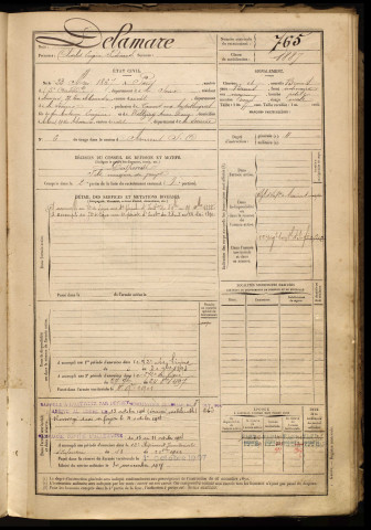 Delamare, Charles Eugène Ferdinand, né le 23 mai 1867 à Paris (Paris), classe 1887, matricule n° 765, Bureau de recrutement d'Amiens
