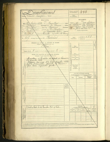 Damelincourt, Charles Europe, né le 27 août 1862 à Parvillers (Somme, France), classe 1882, matricule n° 485, Bureau de recrutement de Péronne