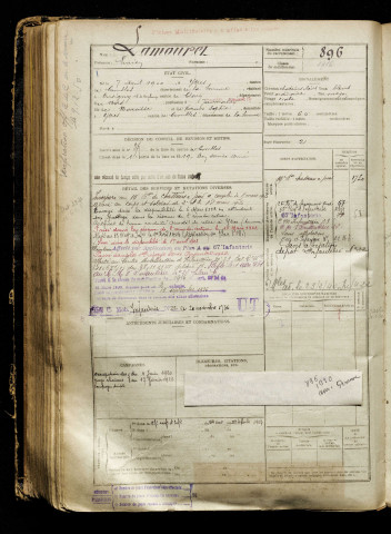 Lamouret, Lucien, né le 07 avril 1900 à Ytres (Pas-de-Calais), classe 1920, matricule n° 896, Bureau de recrutement de Péronne