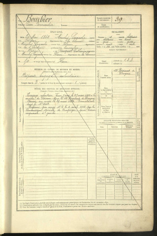 Bourbier, Léon Bernardin, né le 20 mai 1862 à Monchy-Lagache (Somme, France), classe 1882, matricule n° 39, Bureau de recrutement de Péronne