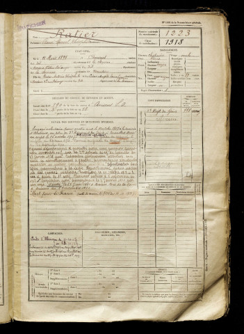 Ratier, René Marcel Théophile, né le 11 mars 1899 à Amiens (Somme), classe 1919, matricule n° 1223, Bureau de recrutement d'Amiens