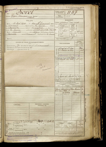 Sorel, Roger François Albert, né le 11 mai 1900 à Neuville-Coppegueule (Somme), classe 1920, matricule n° 1187, Bureau de recrutement d'Amiens