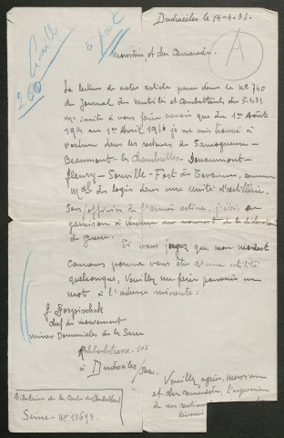 Témoignage de Pospischek, Frédéric (Maréchal des logis - Chef artificier) et correspondance avec Jacques Péricard