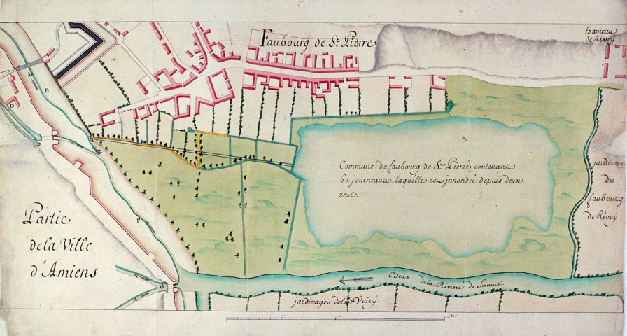 Plan des zones inondées entre le faubourg de Rivery, le faubourg Saint-Pierre et la rivière de Somme