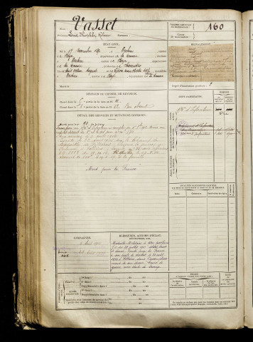 Vasset, Louis Théophile Robert, né le 17 novembre 1890 à Ercheu (Somme), classe 1910, matricule n° 160, Bureau de recrutement de Péronne