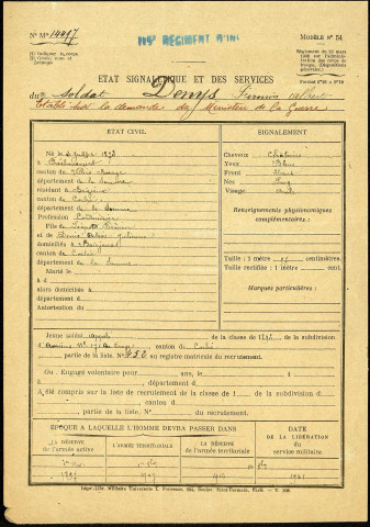 Denys, Firmin Albert, né le 3 juillet 1873 à Fréchencourt (Somme), classe 1893, matricule n° 425, Bureau de recrutement d'Amiens