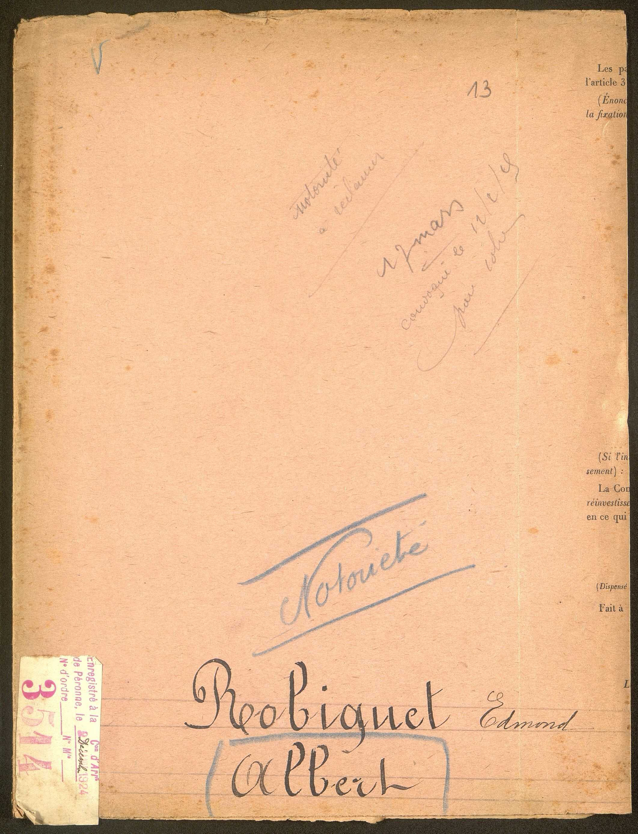 Albert. Demande d'indemnisation des dommages de guerre : dossier Robiguet