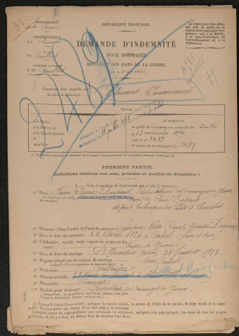 Etricourt-Manancourt. Demande d'indemnisation des dommages de guerre : dossier Dupont-Ricart