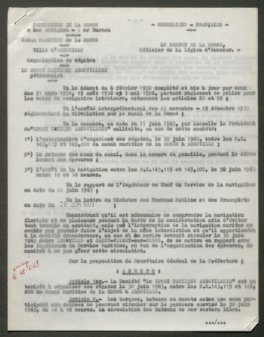 Demande du Sport Nautique Abbevillois pour l'organisation de Régates d'aviron sur le Canal de la Somme le 30 juin 1963