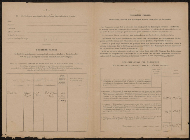 Cléry-sur-Somme. Demande d'indemnisation des dommages de guerre : dossier Cordier-Dufeil