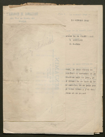 Témoignage de Adam, Frantz (Médecin aide-major) et correspondance avec Jacques Péricard