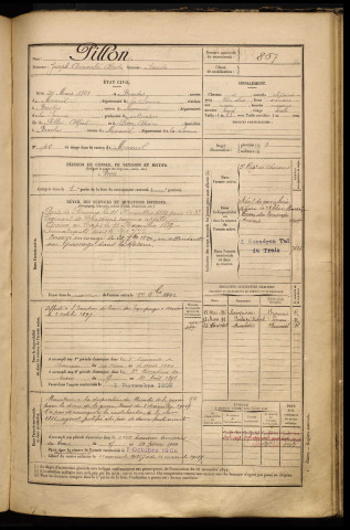 Pillon, Joseph Arnauld Alcide , né le 20 mars 1868 à Braches (Somme), classe 1888, matricule n° 857, Bureau de recrutement de Péronne