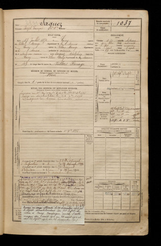 Saguez, Joseph François Jean Baptiste, né le 17 juillet 1872 à Coisy (Somme), classe 1892, matricule n° 1037, Bureau de recrutement d'Amiens