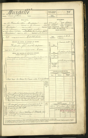 Murgallé, Louis Joseph, né le 11 décembre 1860 à Montdidier (Somme, France), classe 1880, matricule n° 75, Bureau de recrutement de Péronne