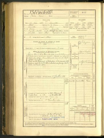 Blondelle, Charles Honoré, né le 12 juin 1863 à Courcelette (Somme, France), classe 1883, matricule n° 411, Bureau de recrutement de Péronne