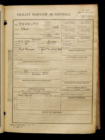 Rambure, Albert, né le 29 juillet 1892 à Amiens (Somme), classe 1912, matricule n° 1093, Bureau de recrutement d'Amiens