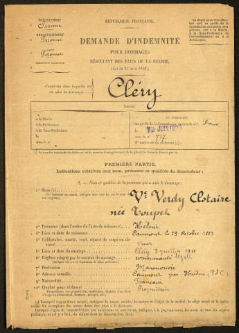 Cléry-sur-Somme. Demande d'indemnisation des dommages de guerre : dossier Verdy-Toupet