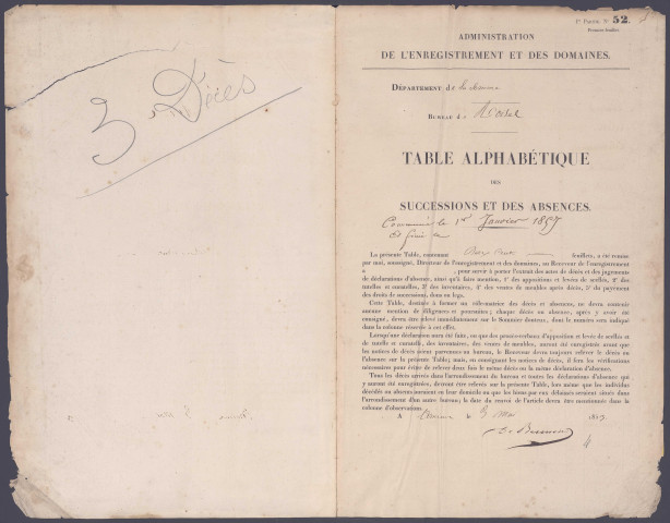 Table des successions et absences du bureau de Roisel