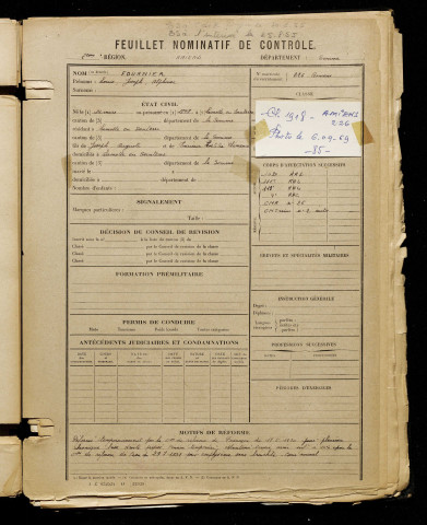 Fournier, Lois Joseph Alphonse, né le 14 mars 1898 à Lamotte-Warfusée (Somme), classe 1918, matricule n° 226, Bureau de recrutement d'Amiens