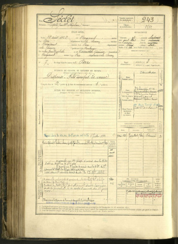 Séclet, Léopold Jean Baptiste Stéphane, né le 12 août 1862 à Bergicourt (Somme, France), classe 1882, matricule n° 243, Bureau de recrutement d'Amiens