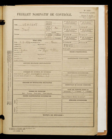 Lemoine, Daniel, né le 05 septembre 1893 à Amiens (Somme), classe 1913, matricule n° 961, Bureau de recrutement d'Amiens