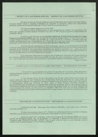 Longue Paume Infos (numéro 13), bulletin officiel de la Fédération Française de Longue Paume