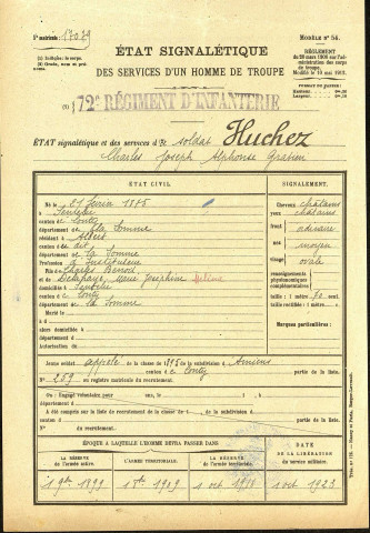 Huchez, Charles Joseph Alphonse Gratien, né le 21 février 1875 à Sentelie (Somme), classe 1895, matricule n° 259, Bureau de recrutement d'Amiens