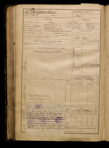 Desjardins, Alfred, né le 08 juin 1872 à Amiens (Somme), classe 1892, matricule n° 1438, Bureau de recrutement d'Amiens