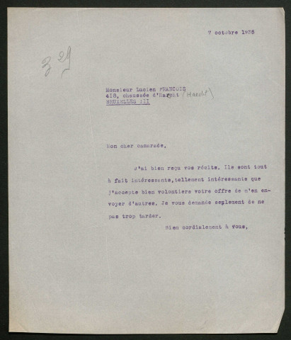 Témoignage de François, Lucien (Sous-lieutenant) et correspondance avec Jacques Péricard